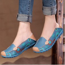 Big Size Women Flower Floral Leather Loafers Moccasins Flats Soft Ballet Shoes Round Toe Flats