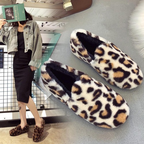 Leopard Grain Fluffy Lining Warm Casual Flat Loafers Leopard Grain Fluffy Lining Warm Casual Flat Loafers