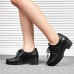 SOCOFY Women Lace Up Leather Casual High Heel Platforms SOCOFY Women Lace Up Leather Casual High Heel Platforms
