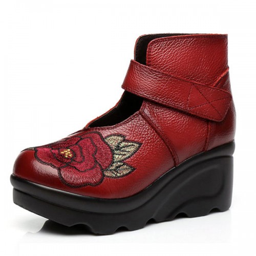 SOCOFY Women Embroidery Genuine Leather Hook Loop Wedge Shoes SOCOFY Women Embroidery Genuine Leather Hook Loop Wedge Shoes