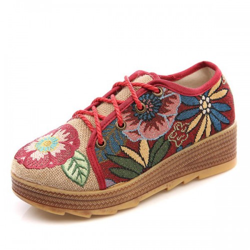 Embroidered Flower Platform Lace Up Folkways Casual Shoes Embroidered Flower Platform Lace Up Folkways Casual Shoes