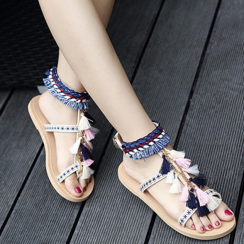 Embroidery Bohemian Women Shoe Summer Casual Beach Tassel Flat Sandals Embroidery Bohemian Women Shoe Summer Casual Beach Tassel Flat Sandals