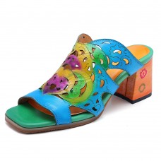 SOCOFY Handmade Printing Genuine Leather Slip On Heeled Sandals