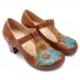 SOCOFY Vintage Pattern Round Toe Hook Loop Genuine Leather Pumps