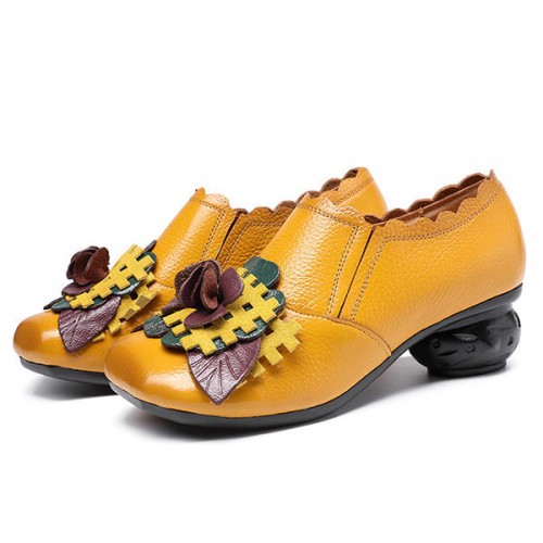 SOCOFY Retro Spilicing Pattern Low Heel Leather Shoes SOCOFY Retro Spilicing Pattern Low Heel Leather Shoes