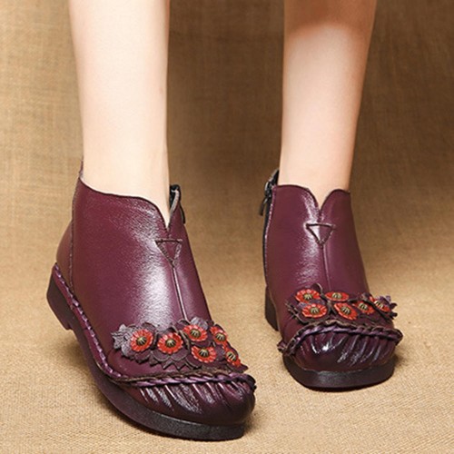 Retro Round Toe Flowers Pattern Leather Ankle Boots Retro Round Toe Flowers Pattern Leather Ankle Boots