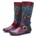 SOCOFY Retro Jacquard Stitching Buckle Flat Leather Mid Calf Boots SOCOFY Retro Jacquard Stitching Buckle Flat Leather Mid Calf Boots